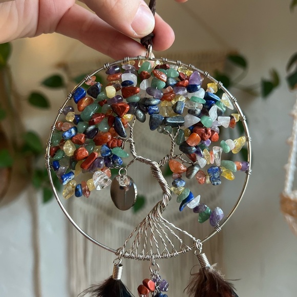 Tree of Life Dreamcatcher – Chakra Gemstone Wall Hanging with Feathers – Boho - Picture 9 of 9